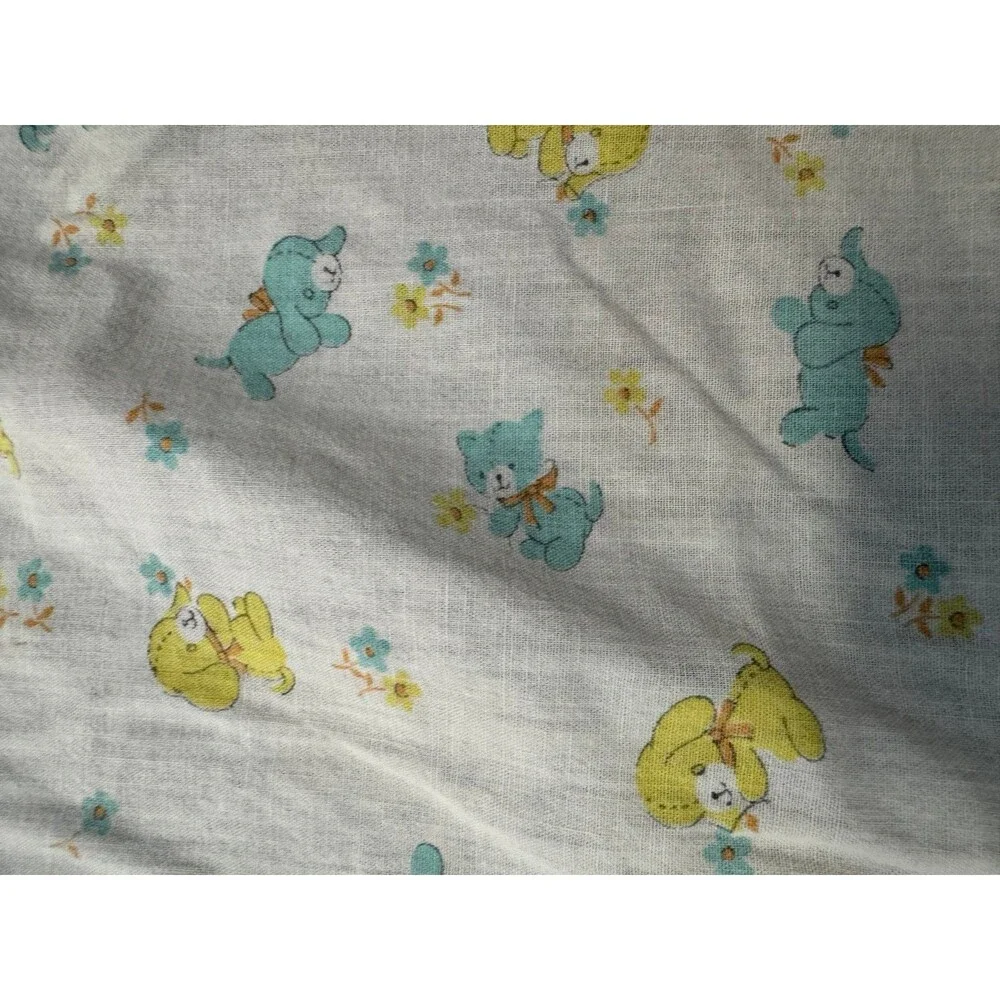 Vintage Cotton Crib Fitted Sheet Yellow & Teal Puppies Bears w/ Bows Flowers